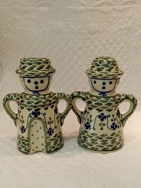 Set Of Polish Salt & Pepper Shakers Boy And Girl Green Blue Boleslawiec